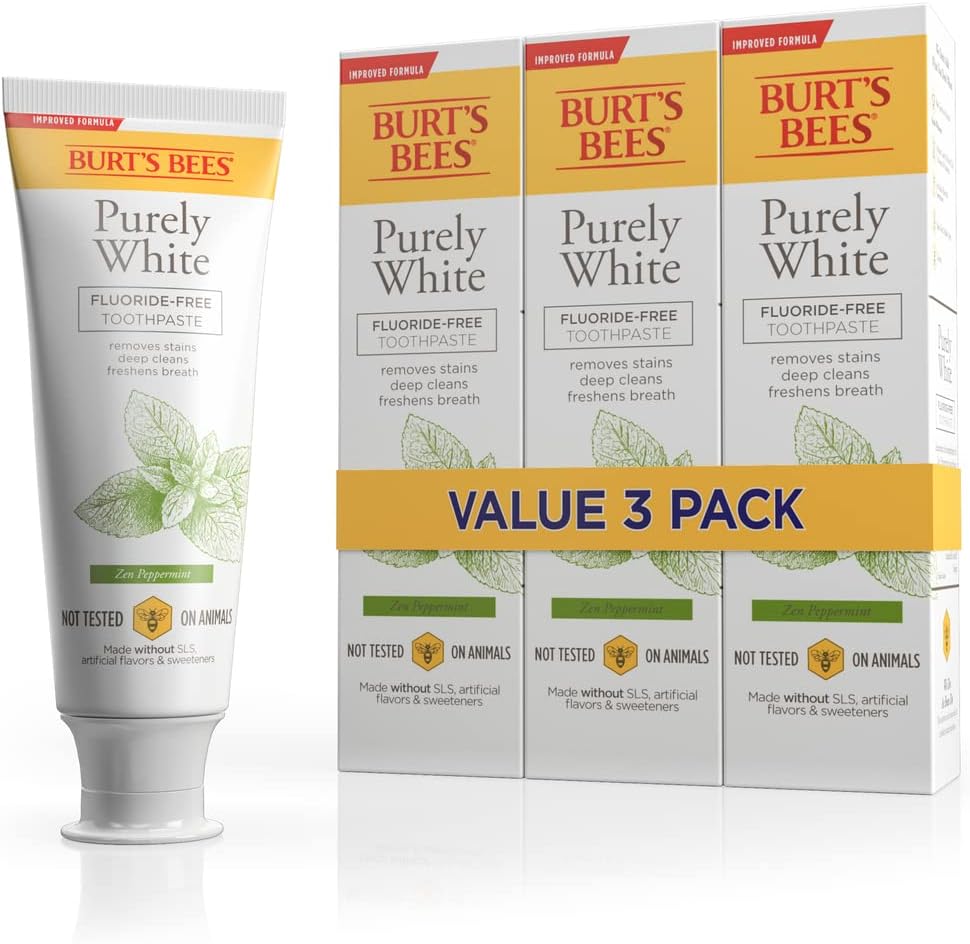 Burt's Bees Toothpaste, Natural Flavor, Fluoride-Free, Purely White, Zen Peppermint, 4.7 oz, Pack of 3