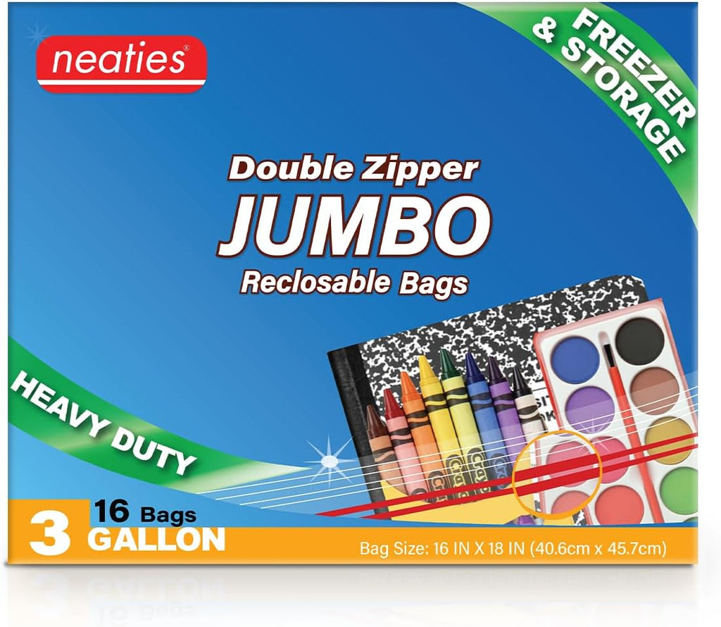 Neaties 3 Gallon Resealable Bags – Heavy Duty Jumbo Freezer Bags with Dual Zipper – 16x28" Extra Large with Writable Space for Kitchen or Home Storage – BPA-Free Food Grade Plastic – 16 Pack