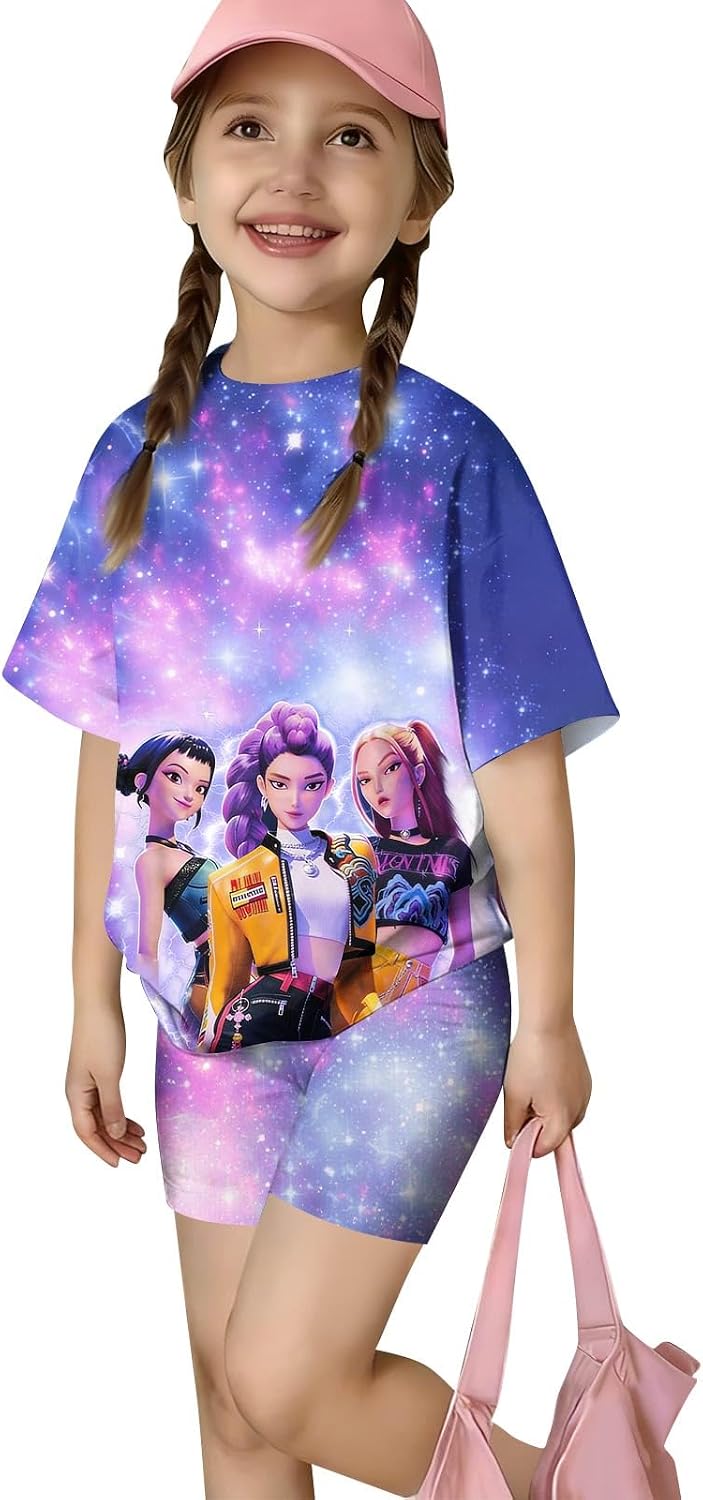 K-pop HUNTR/X 2 Piece Short Sleeve Top and Shorts Hunter Print Outfits Set Teen Girl Summer Costume Outfits Short Set