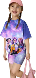 K-pop HUNTR/X 2 Piece Short Sleeve Top and Shorts Hunter Print Outfits Set Teen Girl Summer Costume Outfits Short Set