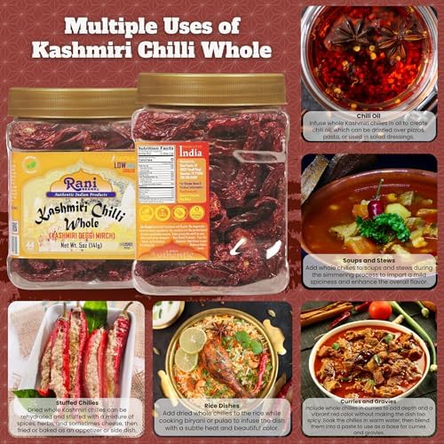 Rani Kashmiri Chilli Whole (Deggi Mirch, Low Heat) 5oz (141g) PET Jar ~ Natural | Salt-Free | Vegan | No Colors | Gluten Friendly | NON-GMO | Kosher | Indian Origin