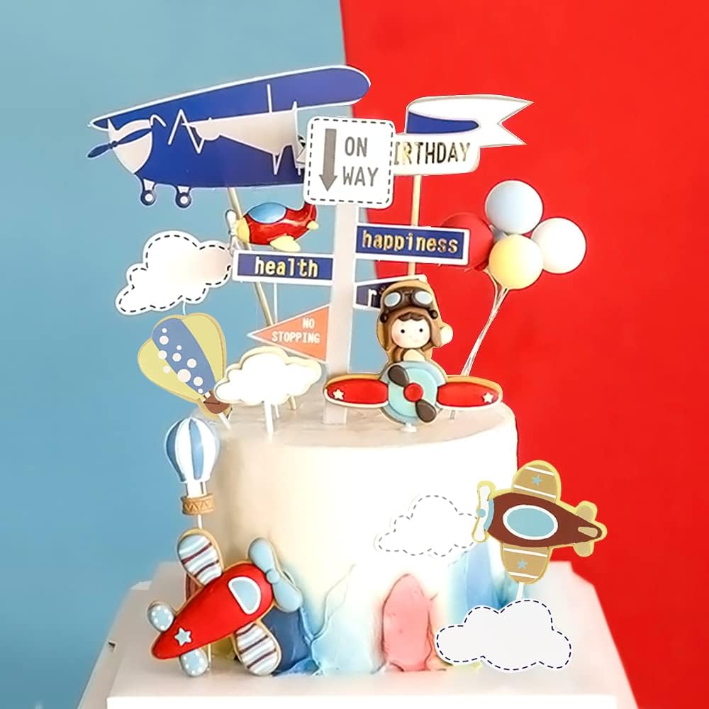 Airplane Themed Cake Toppers - Set of 20 - Airplanes, Hot Air Balloon, Balloons, Clouds, Road Sign and Happy Birthdany Cake Topper
