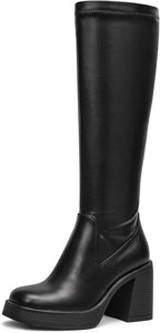 Choiran Knee High Boots for Women - Platform Chunky Square Toe Tall Boots with Block Heeled Side Zipper, Fashion Long Gogo Boots for Spring Fall