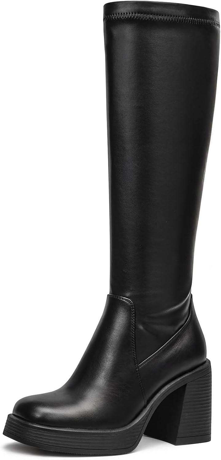 Choiran Knee High Boots for Women - Platform Chunky Square Toe Tall Boots with Block Heeled Side Zipper, Fashion Long Gogo Boots for Spring Fall