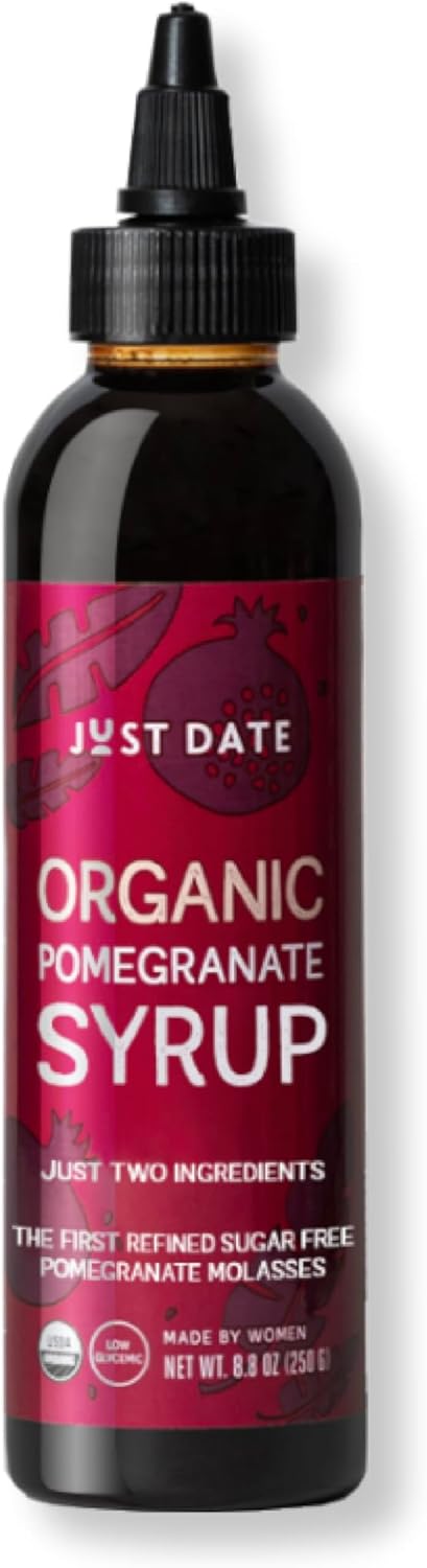 Just Date: Organic Pomegranate Syrup / 100% Natural / Organic Pomegranate Molasses / Healthy Alternative for Sugar, Honey or Maple / Low Glycemic Index & Packed with Nutrition / 8.8 oz Squeeze Bottle