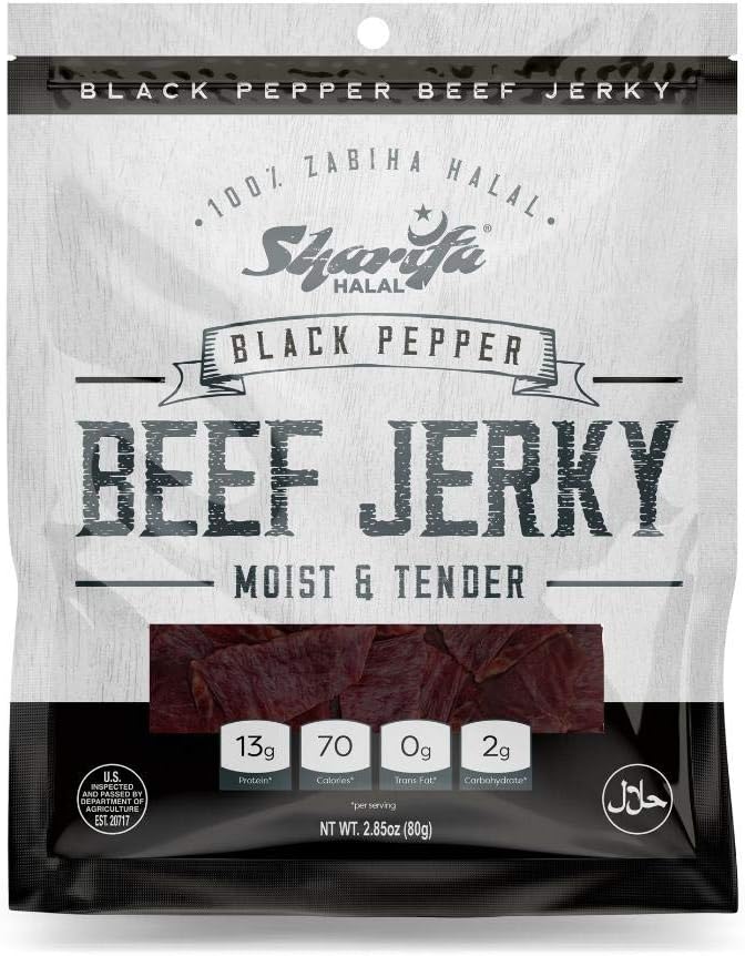 Sharifa Halal Beef Jerky, Black Pepper, (1) 2.85 oz. Bag – Great Everyday Halal Jerky Beef Meat Snack, 100 % Real Zabiha Halal Beef, 13g of Protein, 70 Calories, 0g Trans Fat, & 2g of Carbohydrates