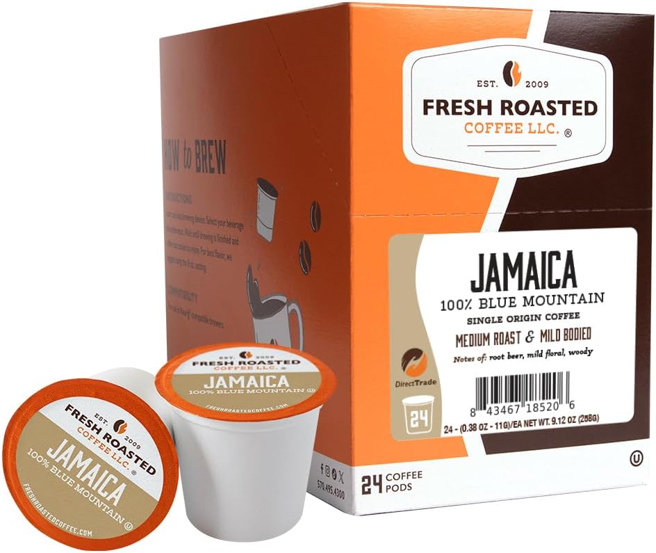 Fresh Roasted Coffee, 100% Jamaica Blue Mountain, Medium Roast, Kosher, K-Cup Compatible, 24 Pods