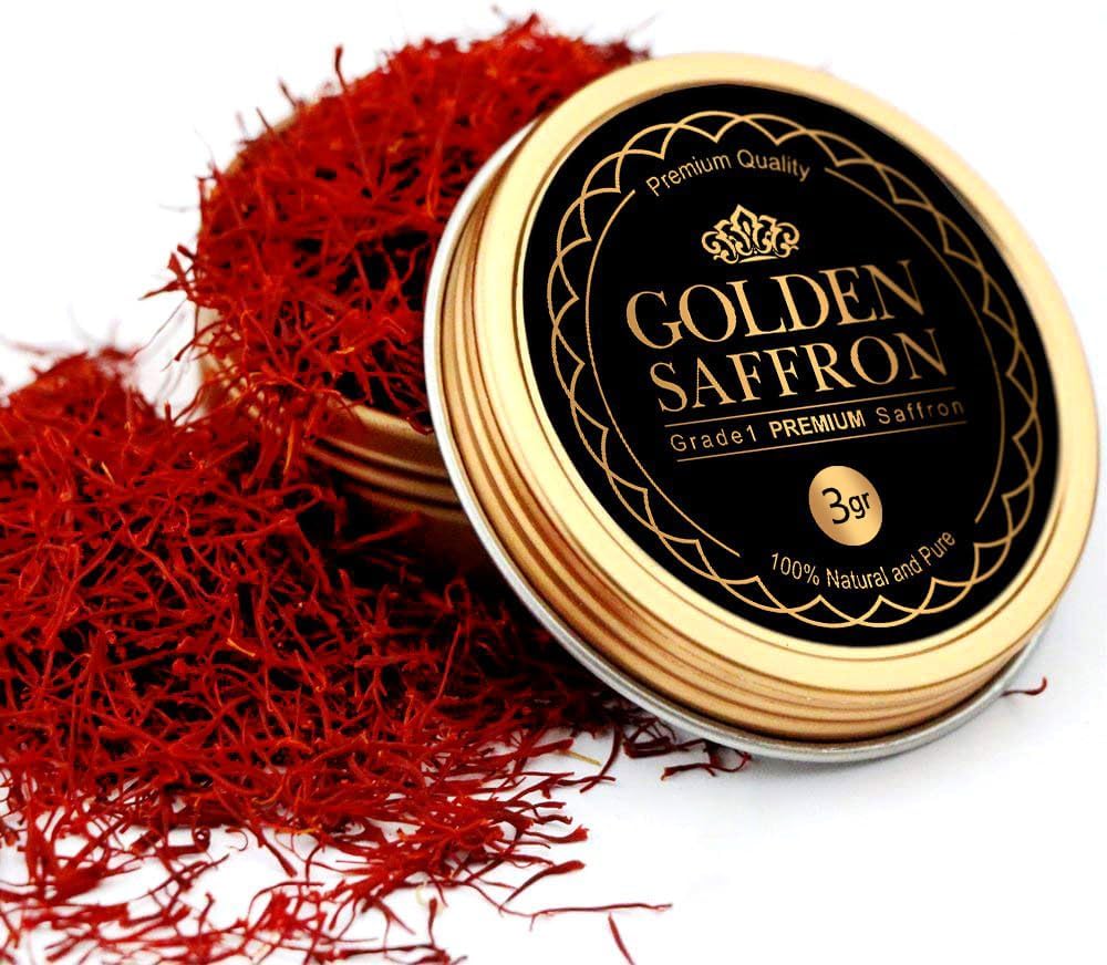 Golden Saffron, Finest Pure Premium All Red Saffron Threads, Grade A+ Super Negin, Non-GMO Verified. For Tea, Paella, Rice, Desserts, Golden Milk and Risotto (3.0 Grams)