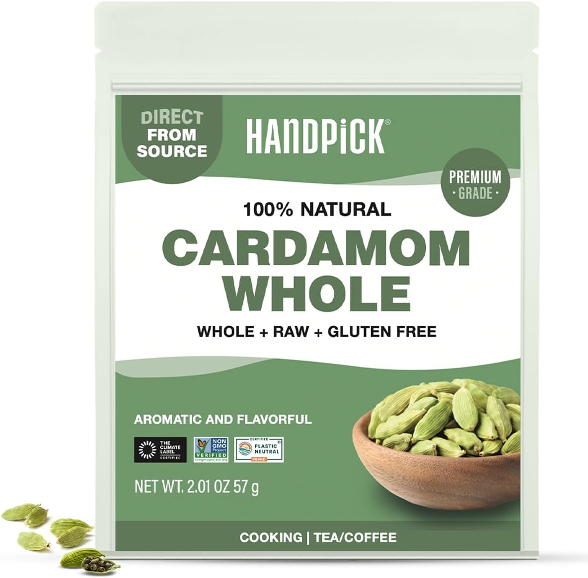 HANDPICK Green Cardamom Pods (57g / 2oz) Large size Green Elaichi | Pure, Non-GMO, Gluten Free | 100% Raw from India | Resealable Zip Lock Pouch