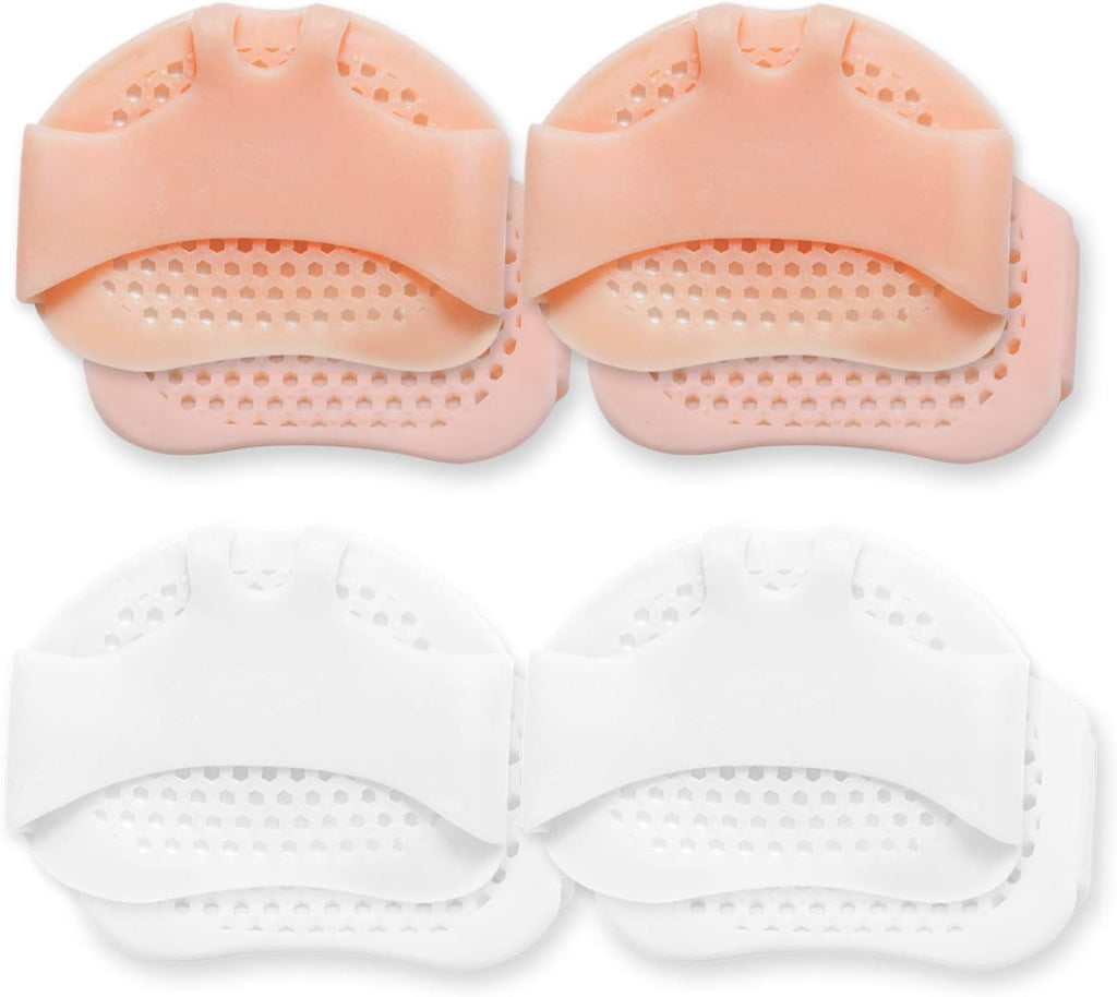 8 PC Ball of Foot Cushion, Soft Gel Metatarsal Pads with Forefoot Cushioning & Metatarsalgia Support, Bunion, Mortons Neuroma, Callus, Honeycomb Breathable Non-Slip Ultra-Thin Fit for High Heels, Washable White & Skin Tone for Women, Men