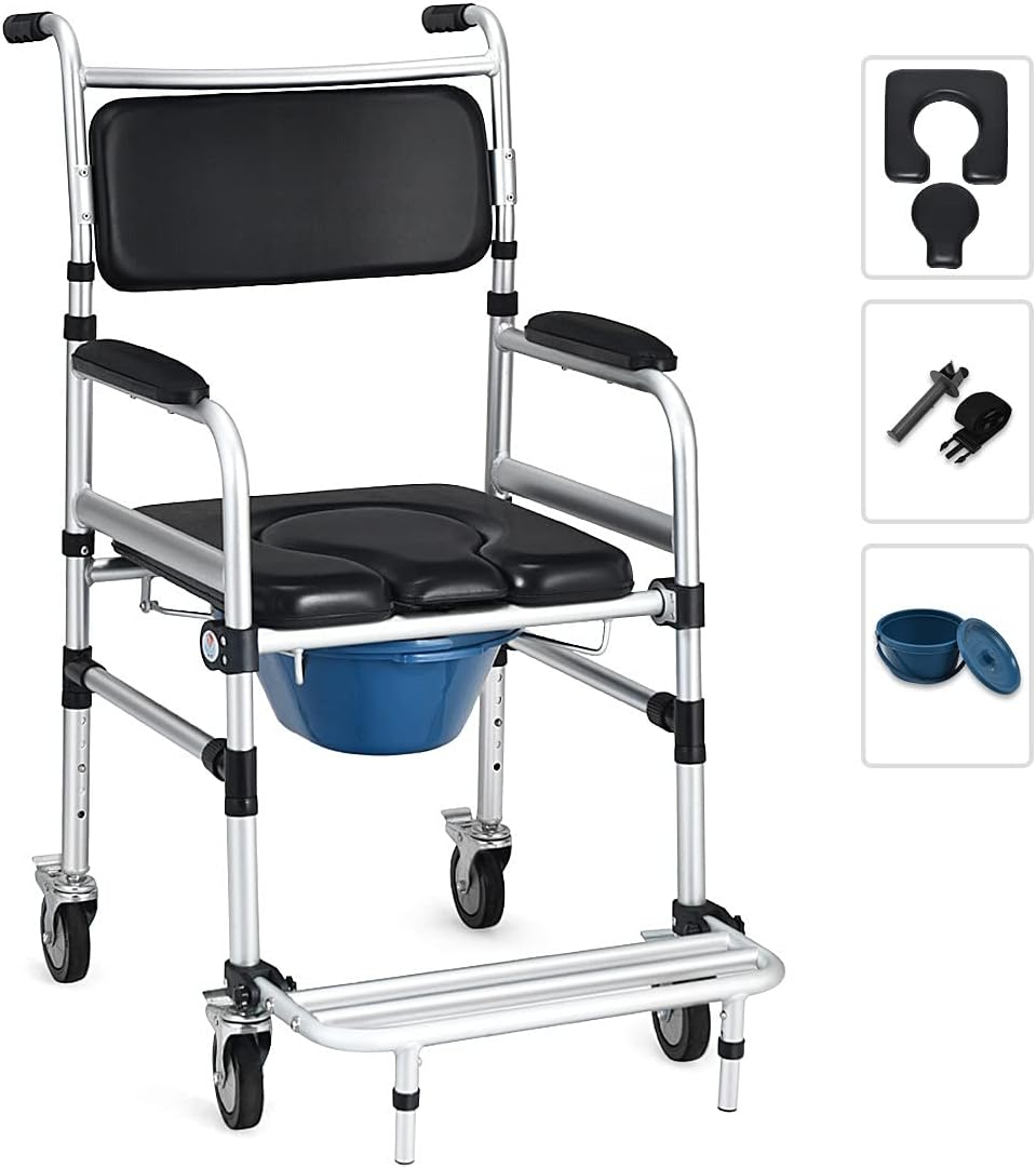 Goplus 4 in 1 Shower Commode Wheelchair, 330lbs Bedside Commode Chair for Toilet with Arms, Portable Rolling Shower Chair with Wheels for Elderly Disabled Handicap Adults Bariatric