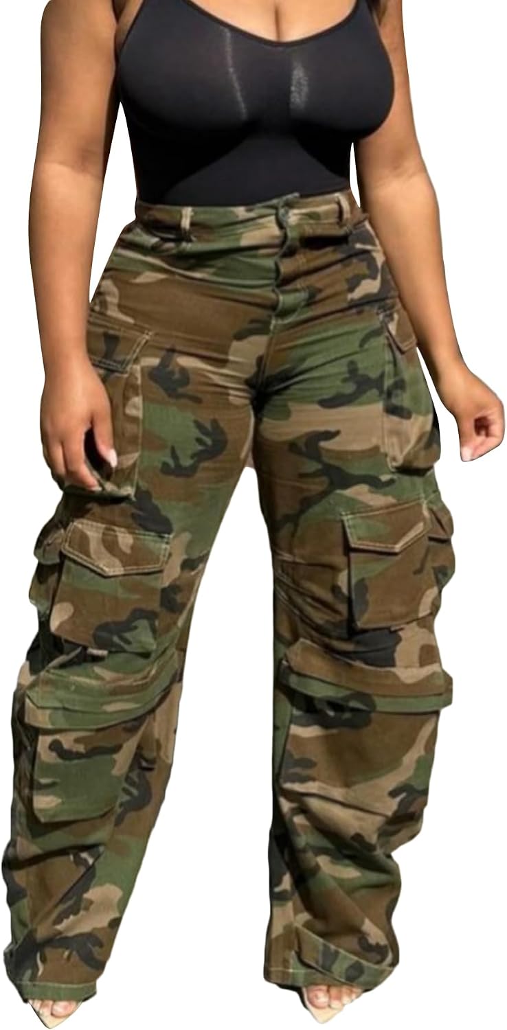 LKOUS Women’s Cargo Baggy Straight Jeans Streetwear Y2K High Waist Wide Leg Denim Pants with Multiple Pockets