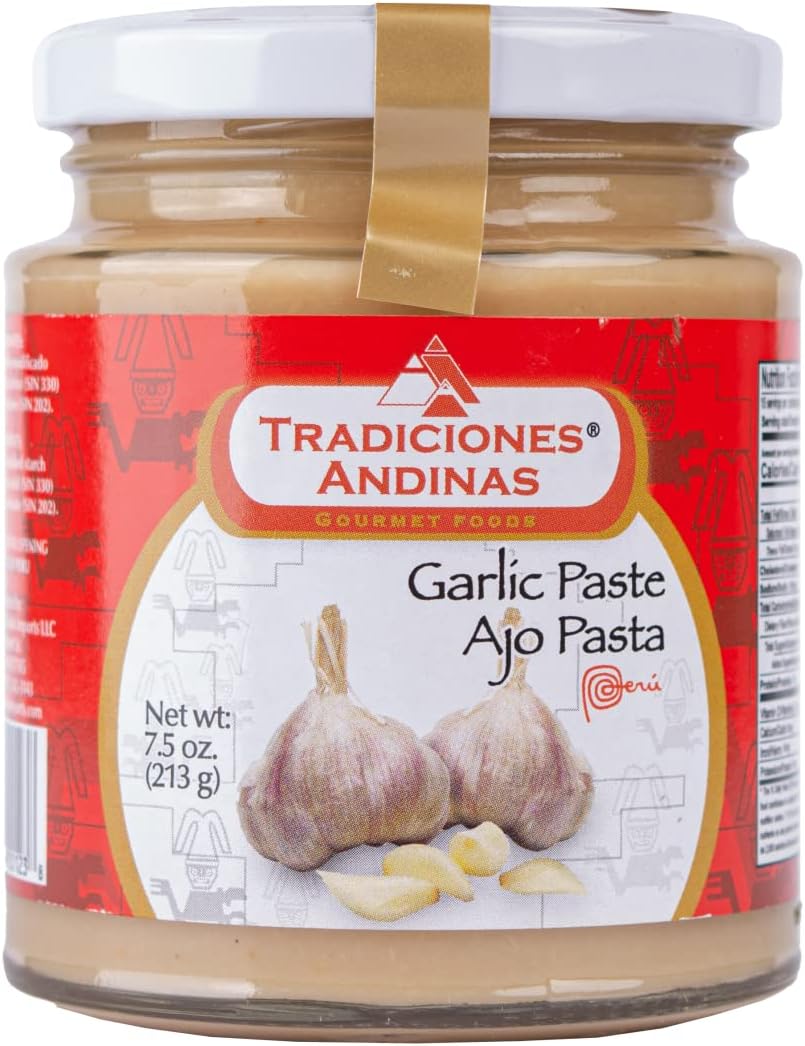 Tradiciones Andinas Ajo en Pasta Peruano 7.5 oz - Peruvian Garlic Paste Products, Glass Jar, Gourmet Food, Cooking, Producto del Peru, Pasta de Cocina, Ajos peruanos