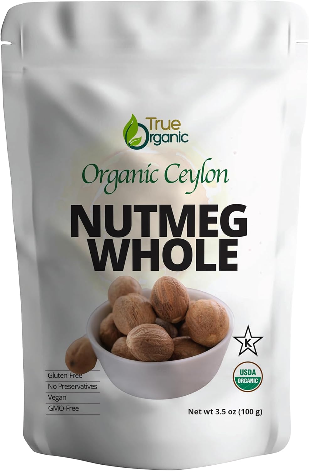 True Organic Ceylon Nutmeg Whole, Premium Grade, USDA & Kosher Certified, Gluten Free, Pure Ceylon Premium Quality 3.5 oz, Premium nutmeg for Cooking and Baking.