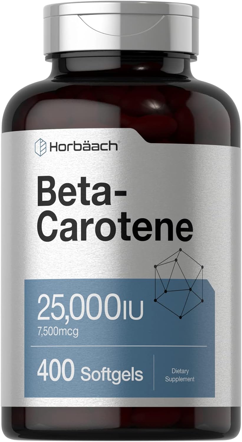 Horbäach Beta Carotene Supplement | 25000 IU Softgels | 7,500 mcg | Vitamin A | 400 Count | Non-GMO and Gluten Free Formula