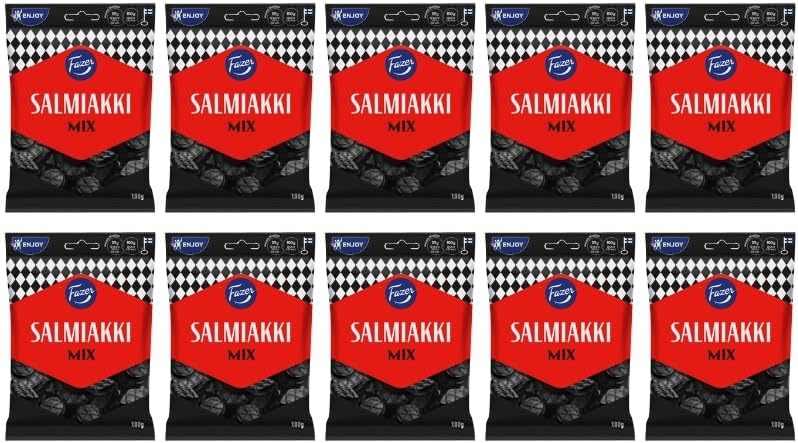 10 Bags x 180g of Fazer Salmiakki Mix - Original - Finnish - Salty Liquorice - Salmiak - Wine Gums - Candies - Sweets