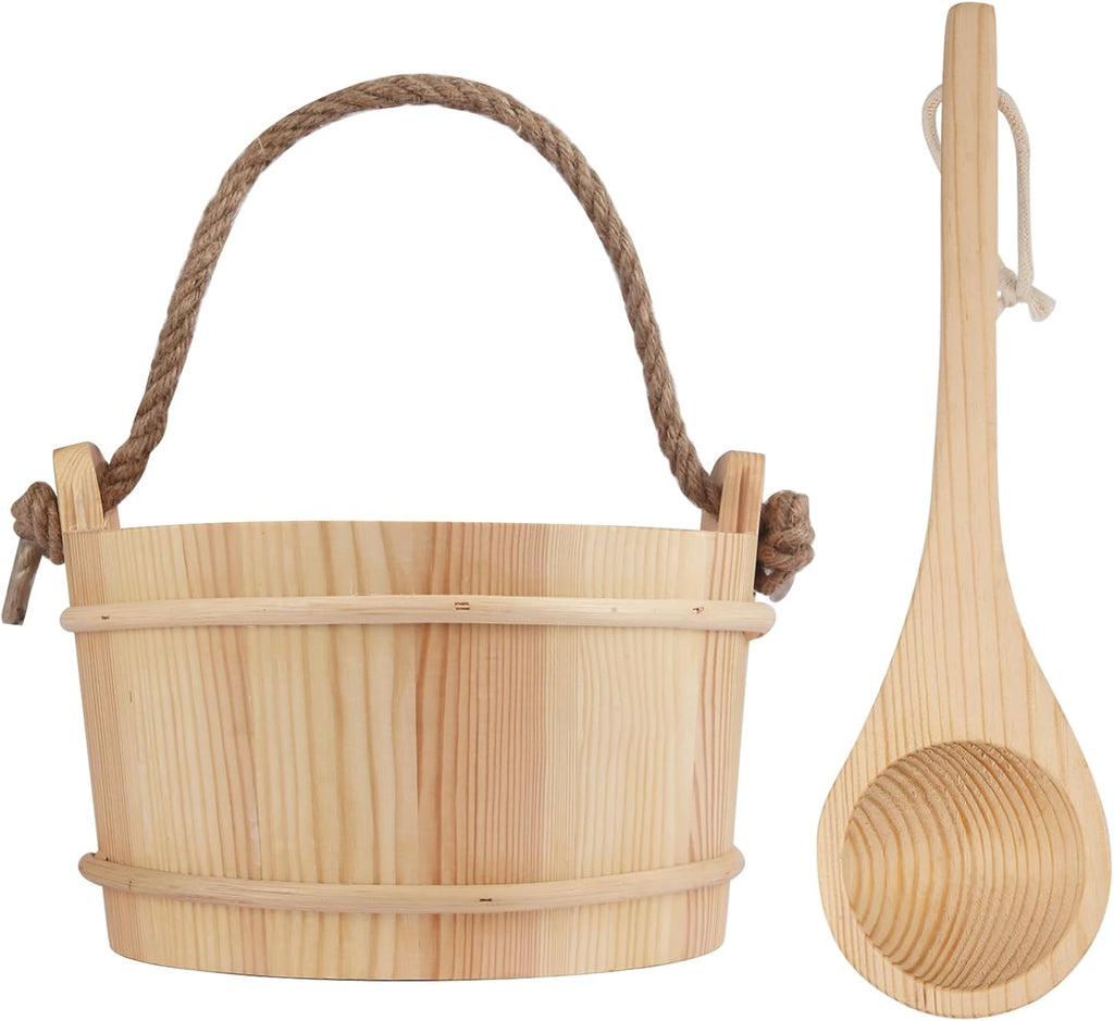 6L Wooden Sauna Bucket and Ladle Set, Handmade Pine Sauna Bucket with Rope Handle,Natural Pine