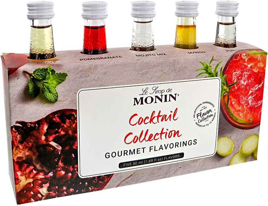Monin - 5 Flavor Classic Cocktail Collection: Pomegranate, Mojito, Agave Nectar, Mango, and Pure Cane Syrups, Great for Classic Happy Hour Cocktails, Non-GMO, Gluten-Free (50 ml per bottle)