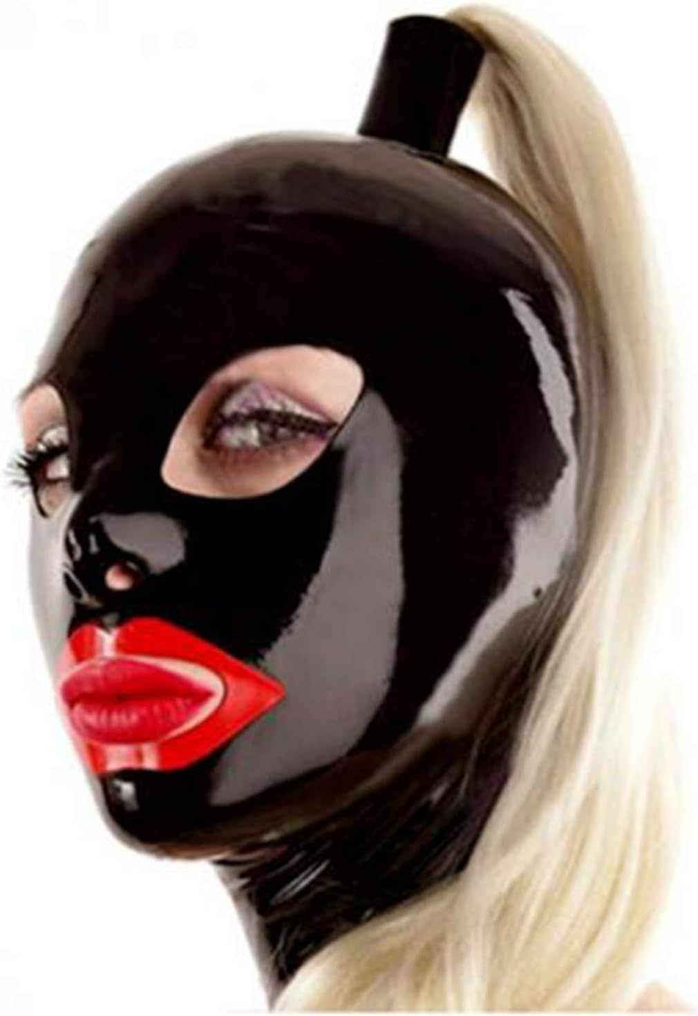 Latex Hood with Red Lips with Blond Ponytail Rubber Mask with Golden Wig Cosplay Party Wear Costume