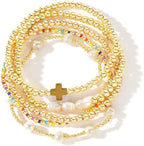 14K Gold Pearl Beaded Cross Bracelets Stack Set for Women,Stretch Boho Colorful Christian Beads Ball Jewelry Trendy Gift
