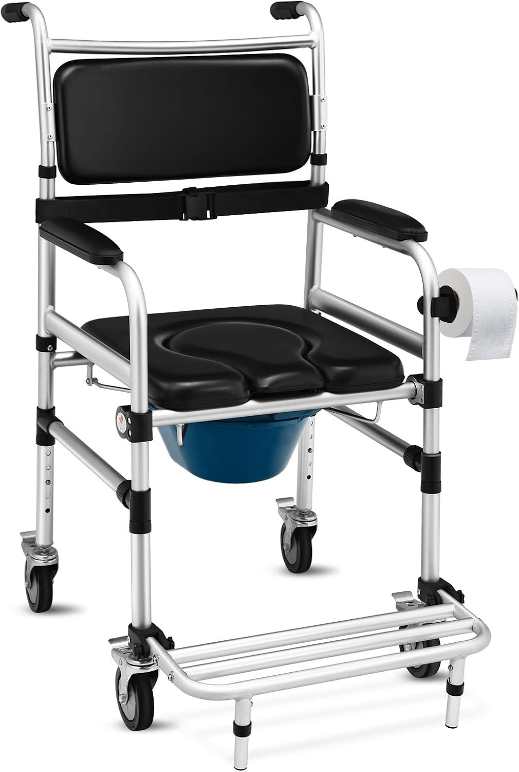 Giantex 3 in 1 Lightweight Shower Commode, Transport Bedside Commode with Wheels, Adjustable Height and Pedal, Shower Wheelchair for Elder, Disabled People (Black)