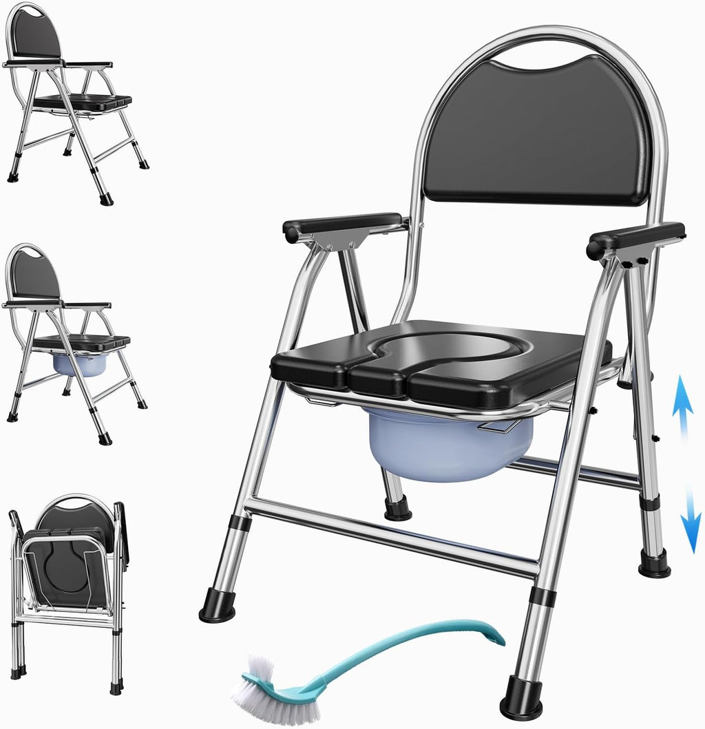 4 in 1 Folding Bedside Commode Chair for Elderly with Arms and Back,Adjustable Height Raised Toilet Seat with Handles,Adults Potty Chair for Seniors,Disabled Holds Up to 350 lbs