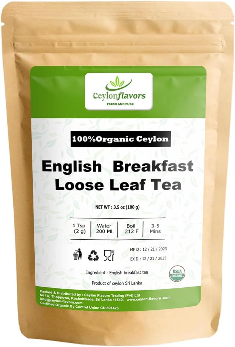 CEYLONFLAVORS FRESH AND PURE Certified Organic English Breakfast Loose Leaf Tea | From Sri Lanka | 3.5oz / 100g