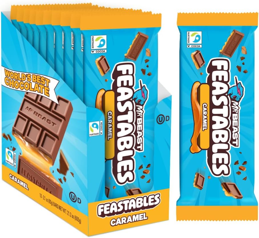 MrBeast Feastables Caramel Chocolate Bar, King Size, 10 Count, Smooth Caramel Filled Chocolate Candy, Fairtrade Cocoa, 2.1oz Each
