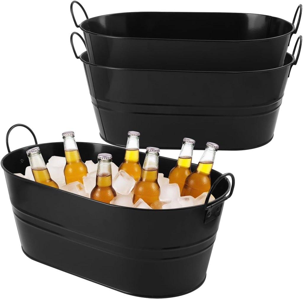 3 PCS 15.3 x 9 x 6 inches Black Metal Galvanized Tub with Handles, 3 Gallon Galvanized Beverage Tubs for Parties, Large Metal Drink Ice Buckets for Beer, Wine, Cocktails & Outdoor Events