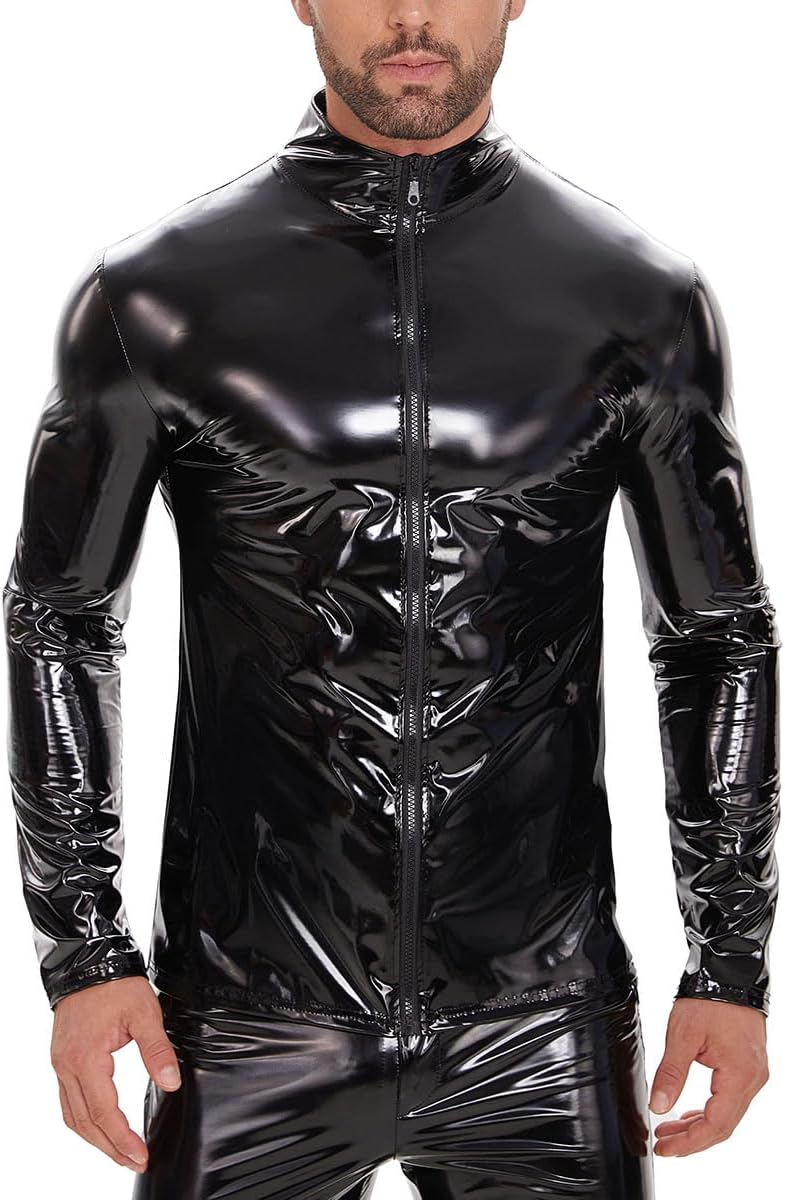 Men Sexy Leather Shirt, Glossy, Plus Size, Full Zipper, Shiny Latex Coat For Male, Red