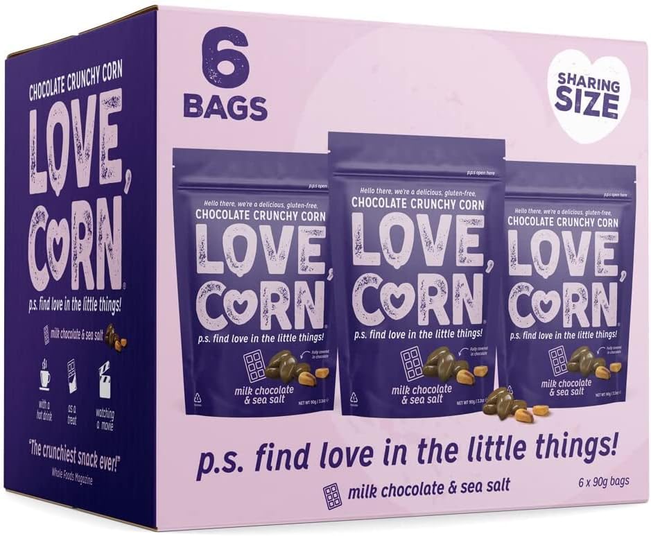 LOVE CORN: Milk Chocolate & Sea Salt | Chocolate Crunchy Corn - Delicious - Gluten-Free - Box of 6 bags, 90g each