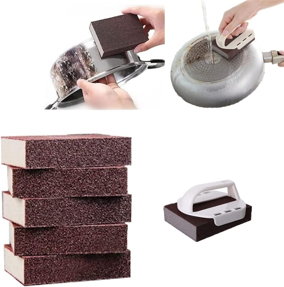 Nano Carborundum Sponge with Handle, 6Pcs Emery Scrubbing Sponge for Pots and Pans, Kitchen Stainless Steel Cleaner, Household Cleaning Tool