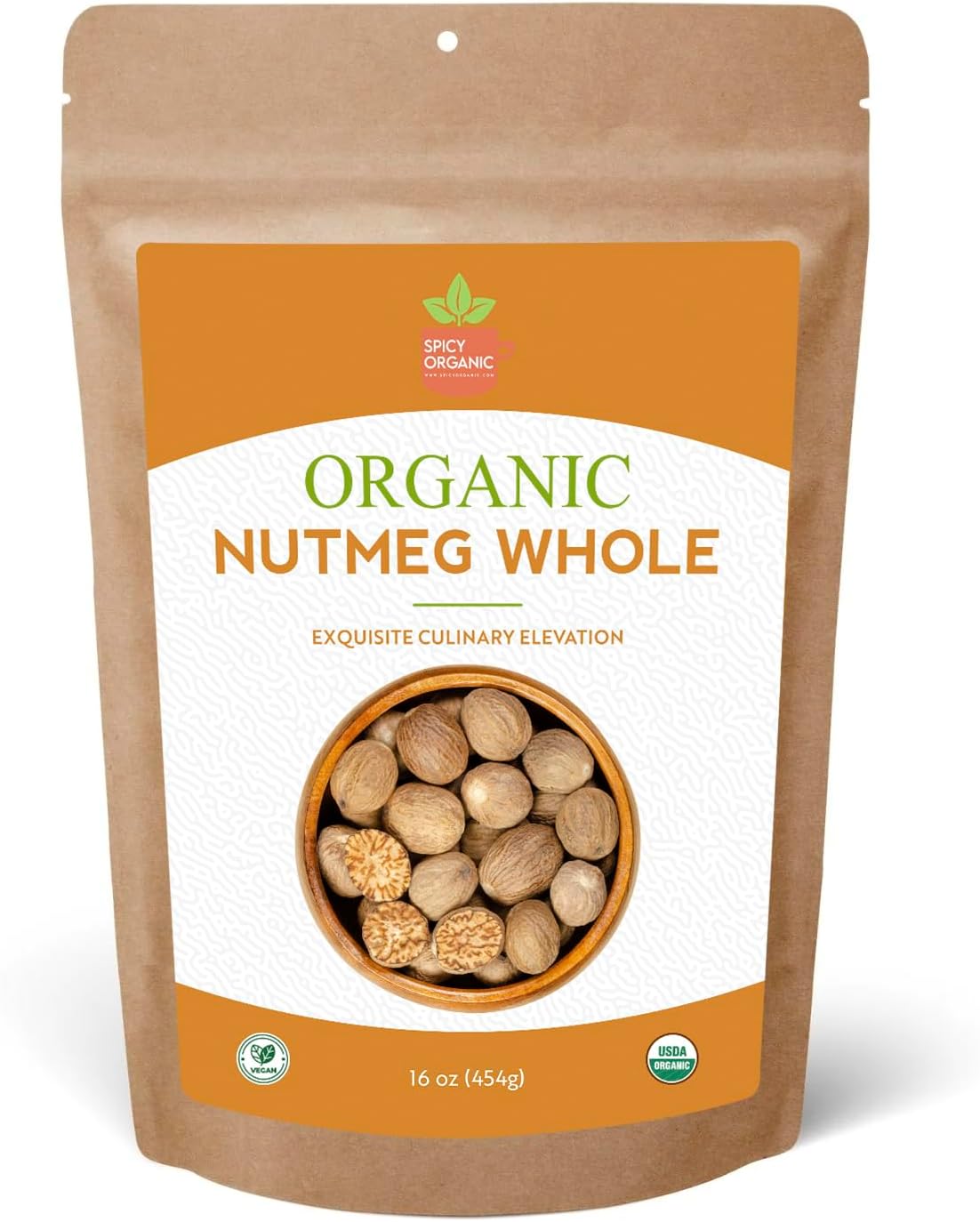Spicy Organic Premium Nutmeg 16 oz (454g) | Whole Nutmeg (Jaiphal/Nuez Moscada) | USDA Organic, Gluten Free, Non-GMO, 100% Natural | Ideal for Coffee, Tea, Curries, Sauces & Baking