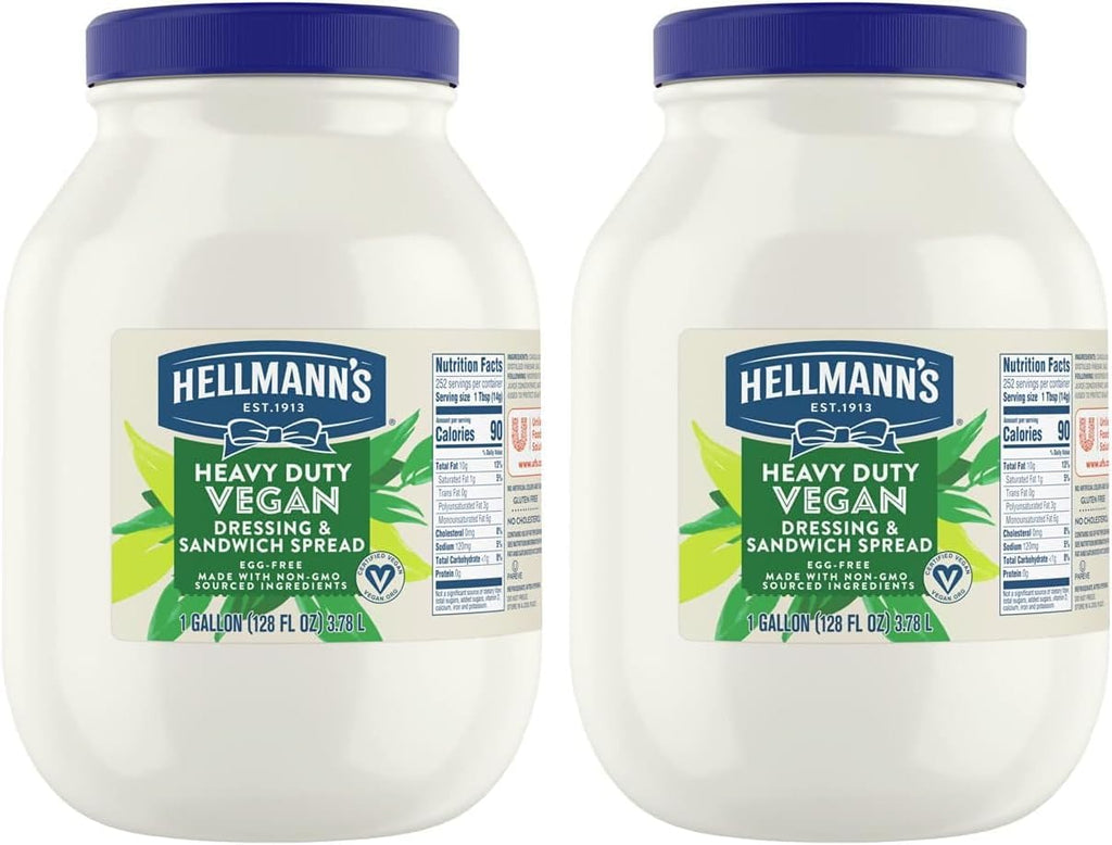 Hellmann's Heavy Duty Vegan Mayonnaise Jar, Creamy Plant Based Mayo, Condiment for Salads and Sandwiches, Egg Free, 1 gallon, 128 oz, Pack of 2