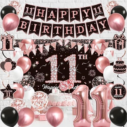 Vlipoeasn Rose Gold 11th Birthday Decorations for Girls, 27PCS Happy 11th Birthday Party Kit with Backdrop Banner, Number 11 Balloon, 11 Year Old Party Supplies