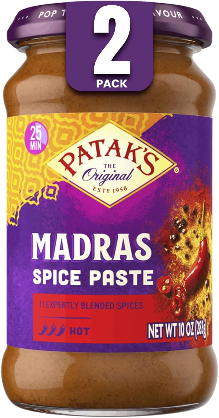 Patak's Madras Spice Paste, Hot Indian Curry with 11 Expertly Blended Spices, No Artificial Colors, Gluten-Free & Vegan, Bold Base for Home Cooking & More, 10 oz Jar, 2-Pack