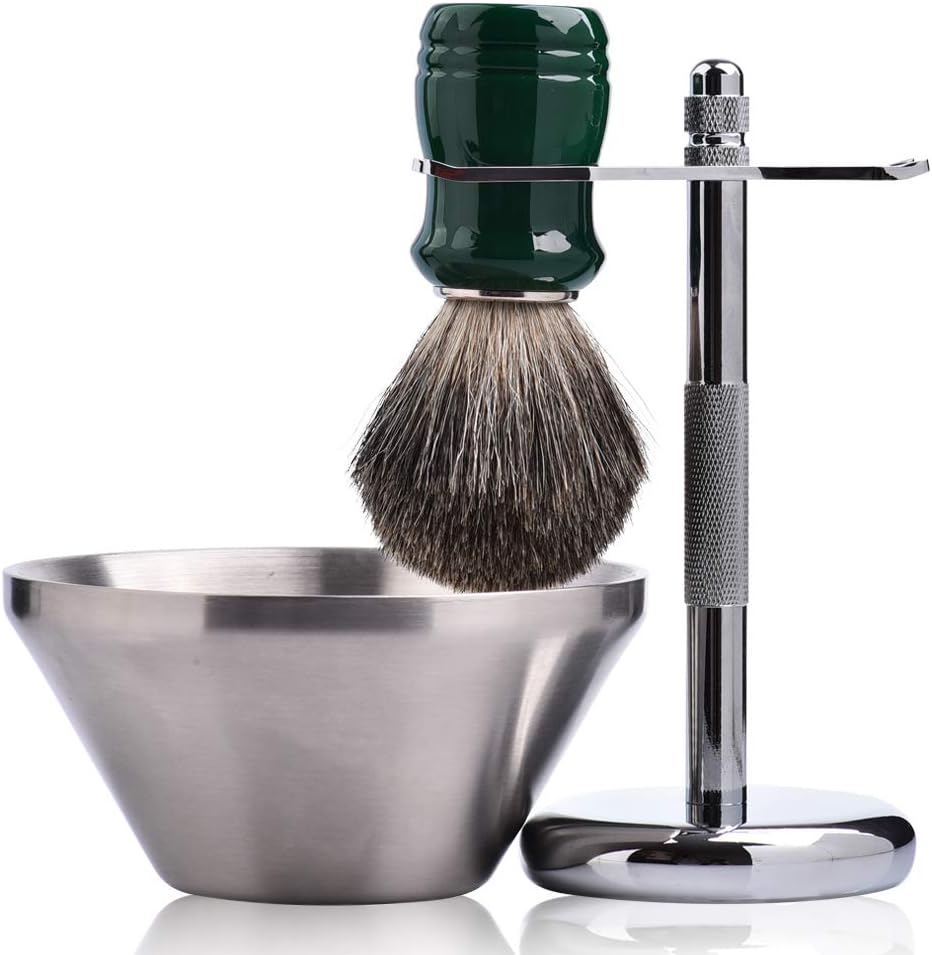 Je&Co Shaving Set,Pure badger Hair Shaving Brush with Steel Stand and Steel Bowl