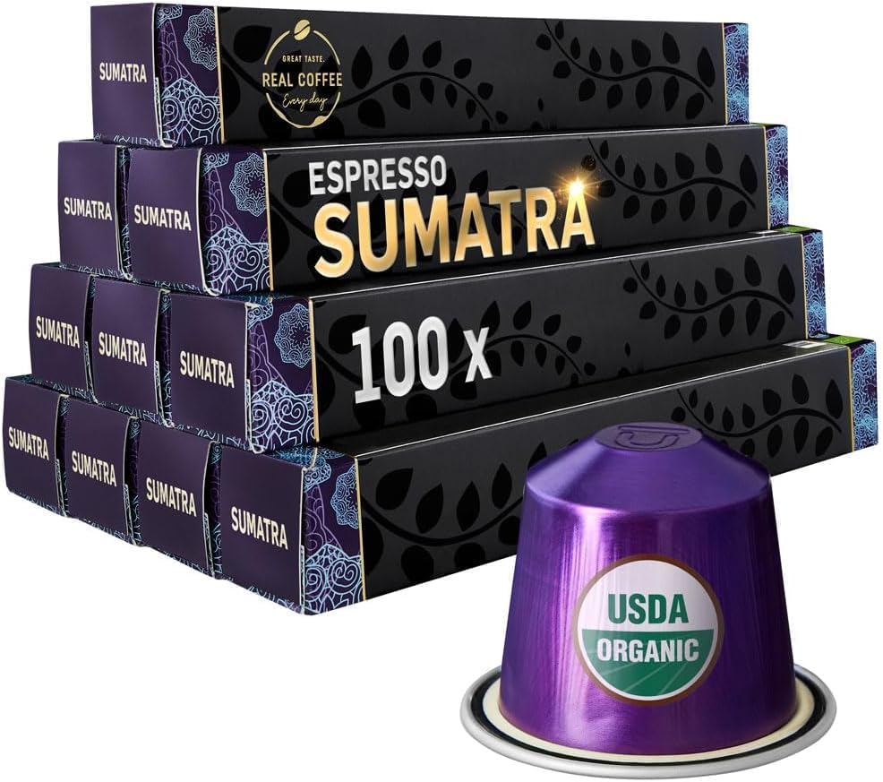 ‘Sumatra’ Organic Italian Espresso for Nespresso | 100 Organic Aluminum Capsules | Single-Origin Dark Roast | 100% Nespresso Compatible Pods | Fairtrade | Package May Vary