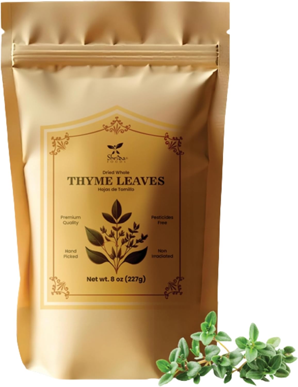 Shrida Foods Dried Whole Thyme Leaves, 8oz, Authentic Thyme for Cooking, Seasoning, Soups, Marinades, Freshly Dried, Non-GMO, Gluten-Free, Bulk Thyme Herb & Spice, for Roasting