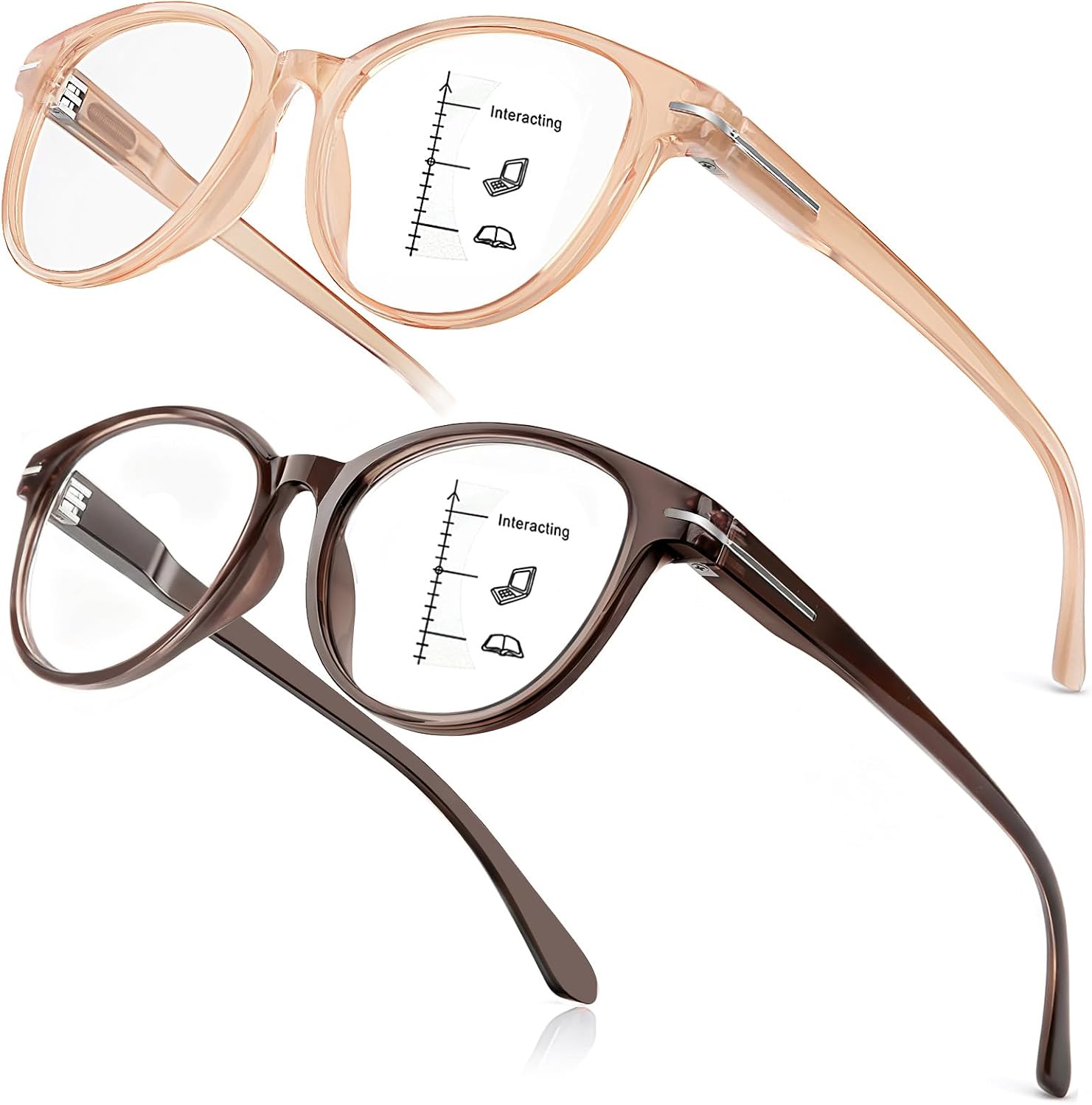 Distinctive Progressive Multifocus Reading Glasses Women, Retro Lady Anti Blue Light/Eye Fatigue Computer Reader, Vintage Round Frame No-Line Multifocal Eyeglasses (Brown&Apricot, 1.5x)