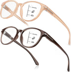 Distinctive Progressive Multifocus Reading Glasses Women, Retro Lady Anti Blue Light/Eye Fatigue Computer Reader, Vintage Round Frame No-Line Multifocal Eyeglasses (Brown&Apricot, 1.75x)
