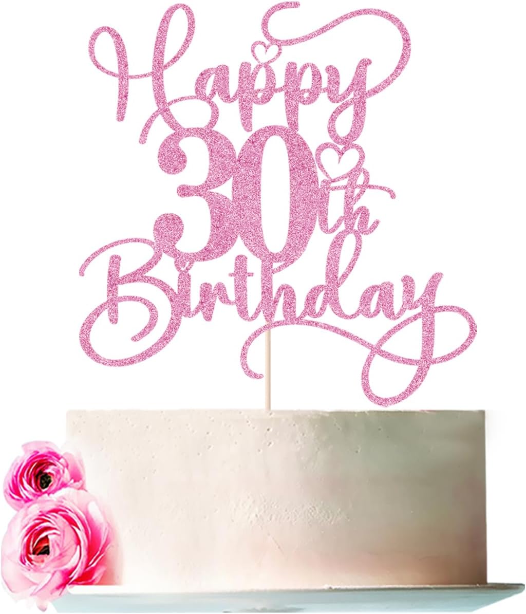 Pink Happy 30th Birthday Cake Topper 1pcs Glitter Cake Topper for thirty Birthday/Anniversary Theme Party Cake Decorations Supplies