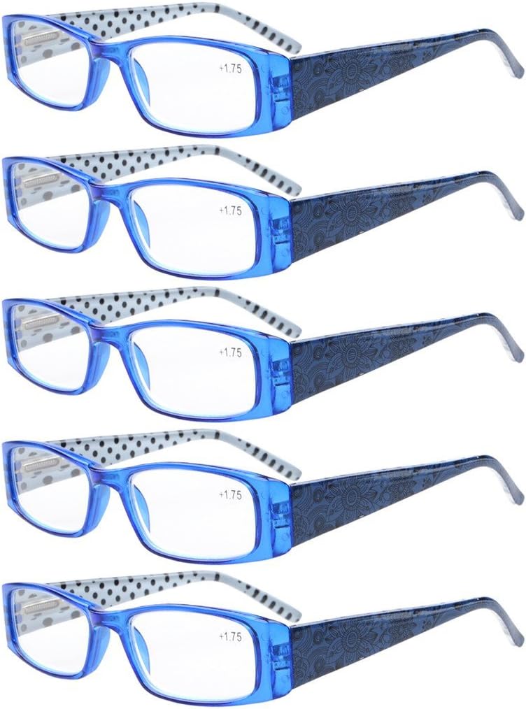 Eyekepper 5-Pack Spring Hinges Polka Dots Patterned Temples Rectangular Reading Glasses Readers Blue +1.75