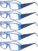 Eyekepper 5-Pack Spring Hinges Polka Dots Patterned Temples Rectangular Reading Glasses Readers Blue +1.75