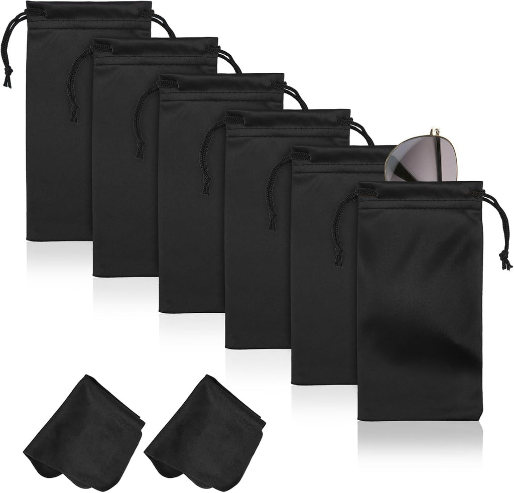 6 Pcs Microfiber Glasses Sunglasses Pouch with 2 Cleaning Cloths, Soft Drawstring Storage Bag for Phone, Eyeglass Case