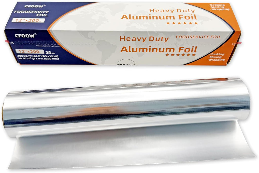 Heavy Duty Aluminum Foil Roll for BBQ & Grilling, 20 Micron Thick, 12" x 200', Non-Stick & Heat Resistant for Cooking, Baking & Roasting