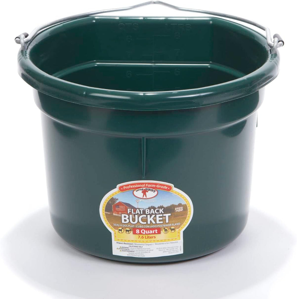 Little Giant® Flat Back Plastic Animal Feed Bucket | Animal Feed Bucket with Metal Handle | Horse Stall Feeding and Watering Supplies (Green, 8 Quart)