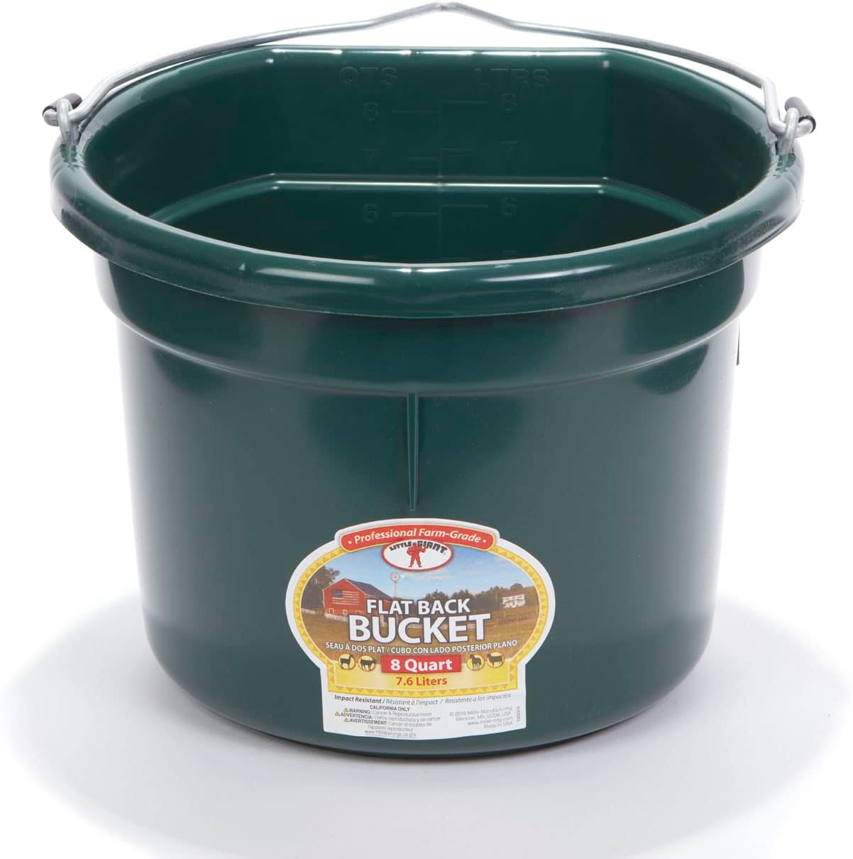Little Giant® Flat Back Plastic Animal Feed Bucket | Animal Feed Bucket with Metal Handle | Horse Stall Feeding and Watering Supplies (Green, 8 Quart)