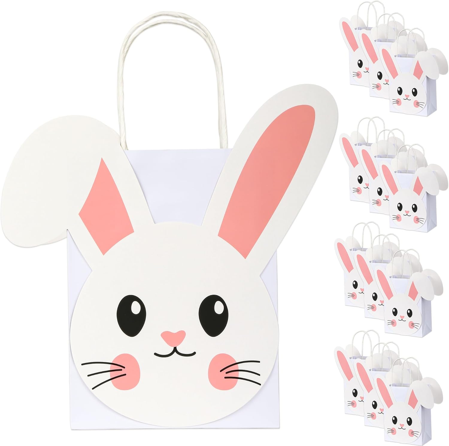 12Pcs Easter Bunny Treat Bags with Handles Rabbit Face Party Paper Goodie Bags for Easter Party Favors Birthday Baby Shower Spring Celebrations