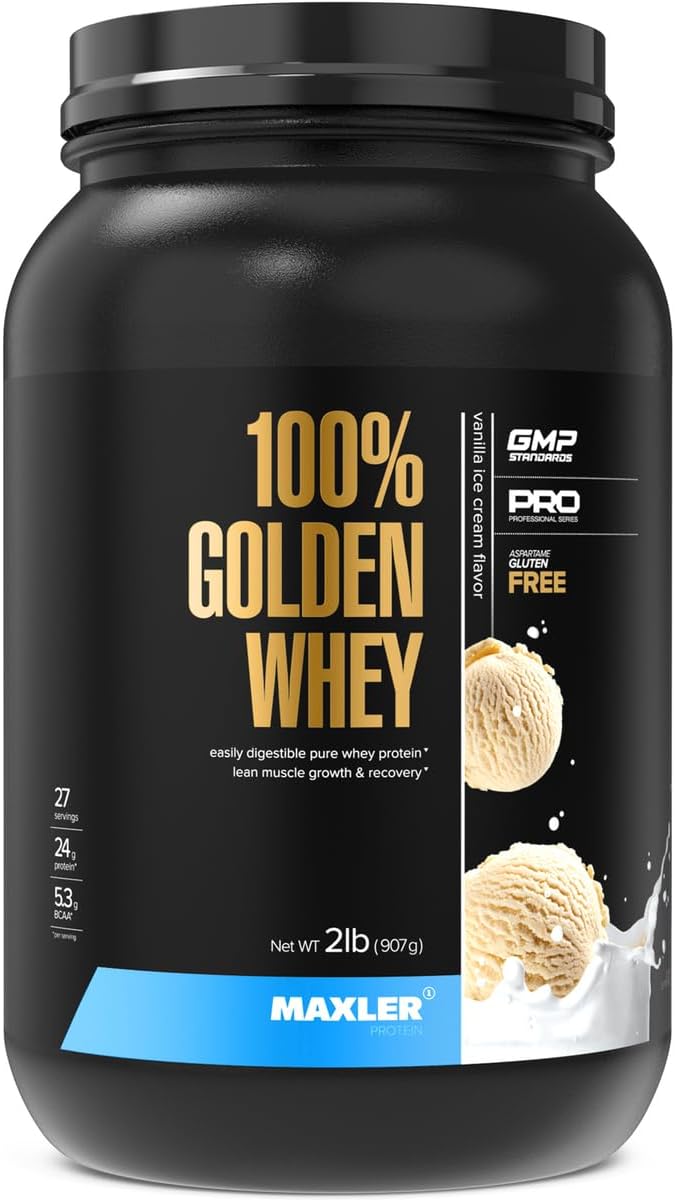 Maxler 100% Golden Whey Protein - 24g of Protein per Serving - Whey Protein Powder for Pre Post Workout - Fast-Absorbing Whey Concentrate, Isolate & Hydrolysate Blend - Vanilla Ice Cream 2 lb